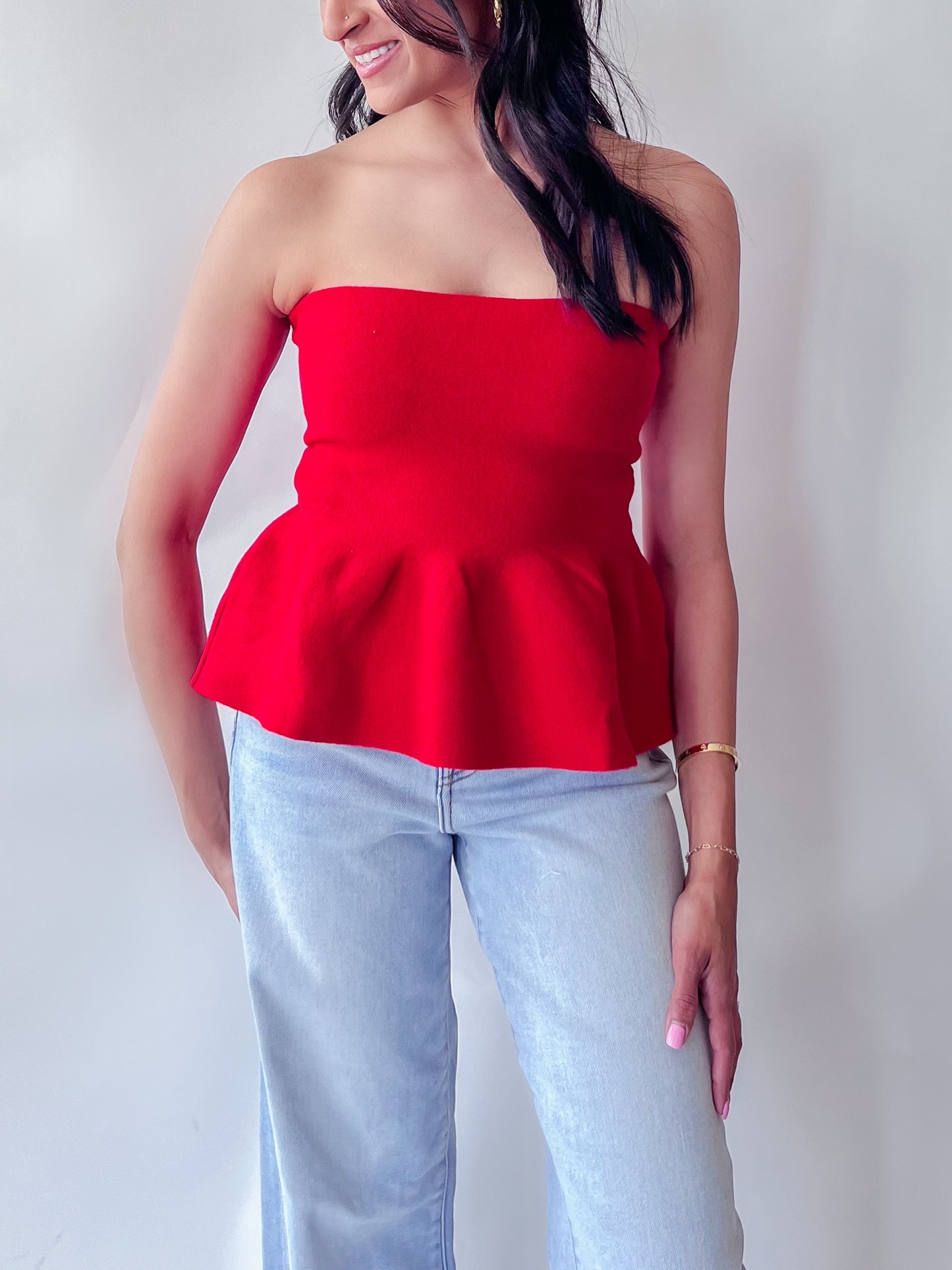CRIMSON PEPLUM TUBE TOP