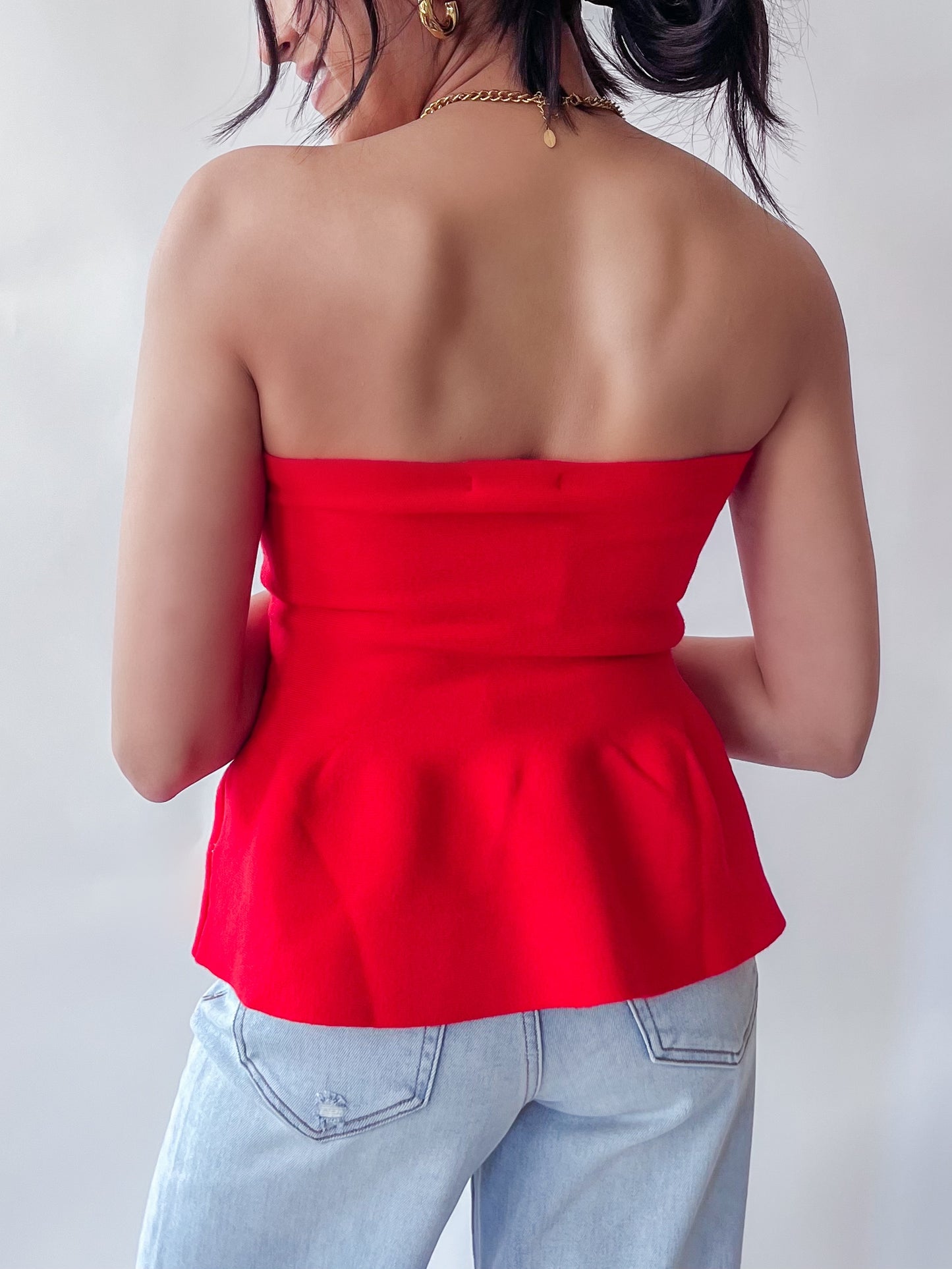 CRIMSON PEPLUM TUBE TOP