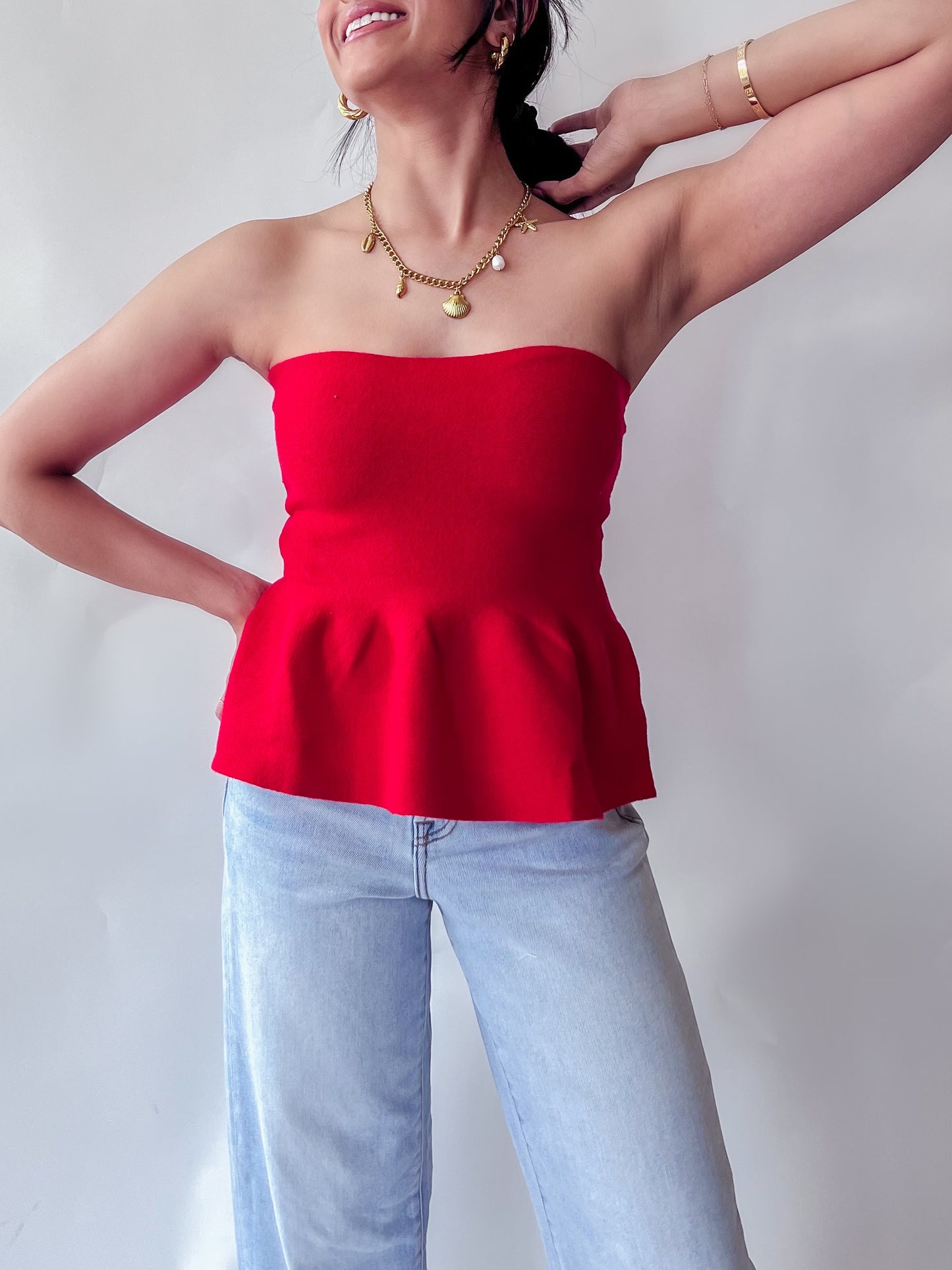 CRIMSON PEPLUM TUBE TOP