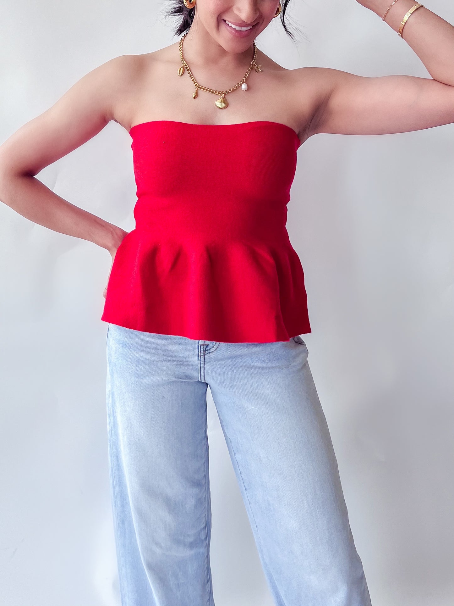 CRIMSON PEPLUM TUBE TOP