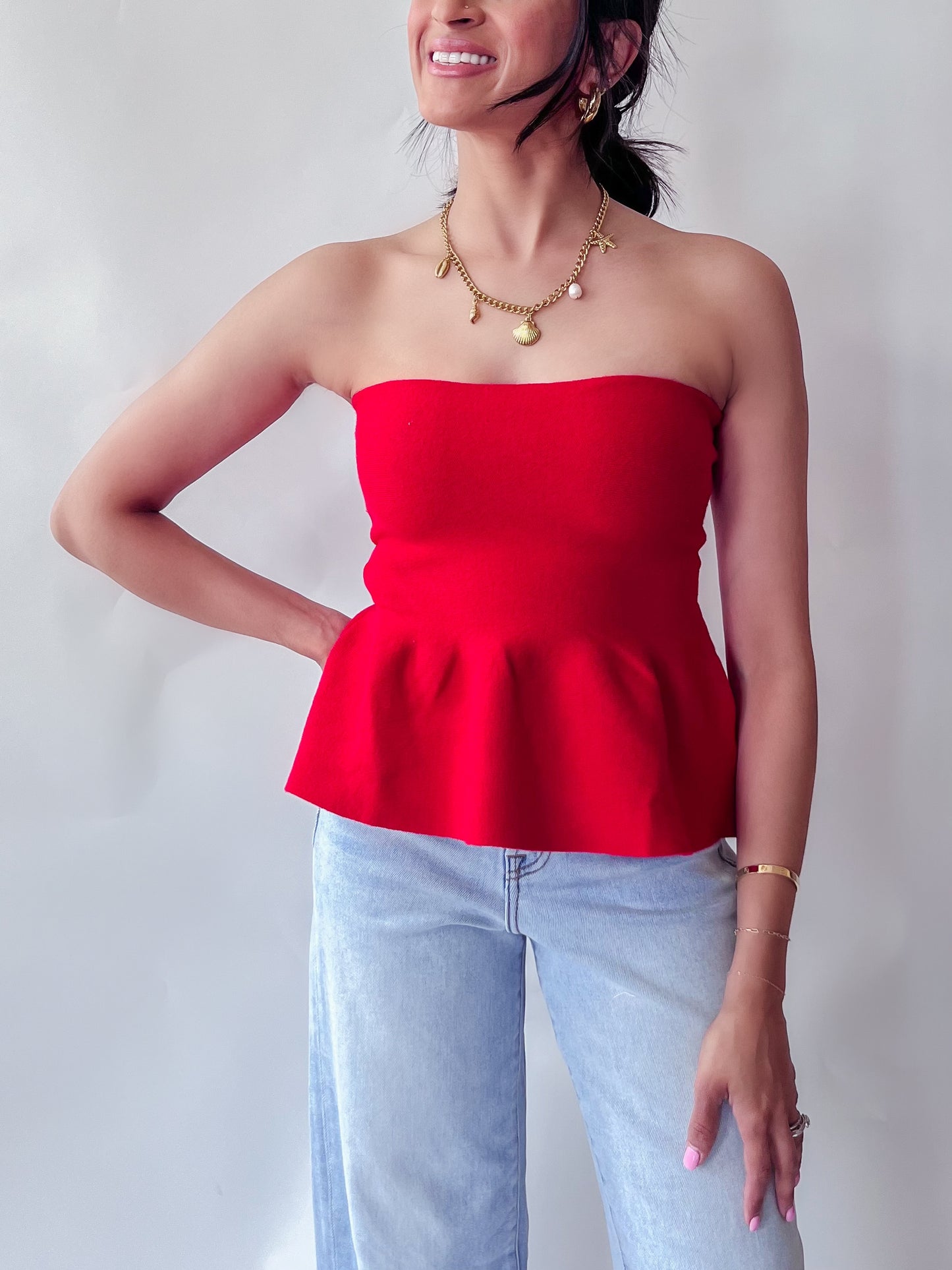 CRIMSON PEPLUM TUBE TOP