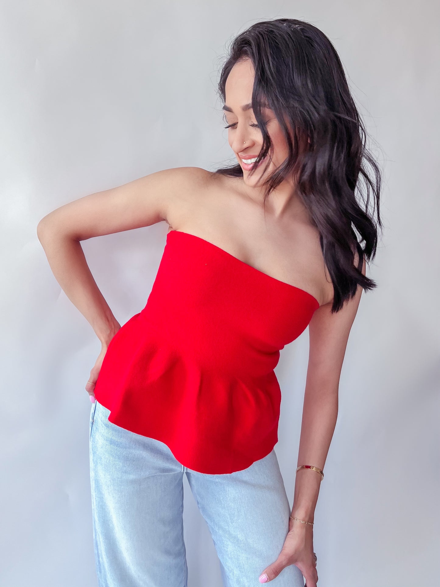 CRIMSON PEPLUM TUBE TOP