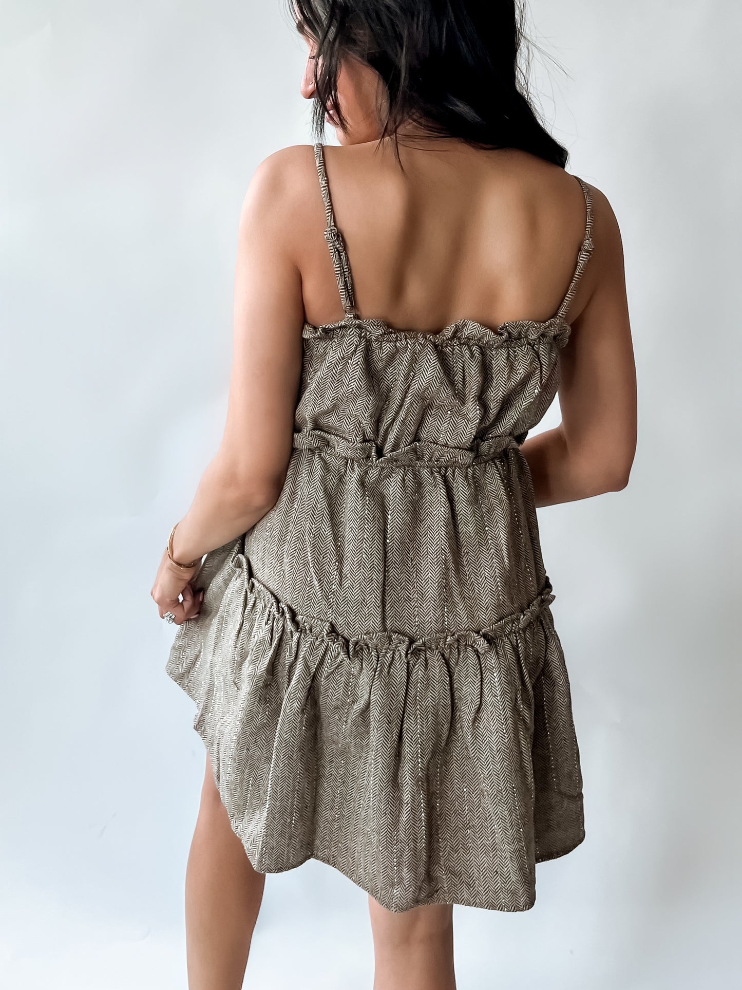 EMBELLISHED HERRINGBONE TIERED RUFFLE DRESS