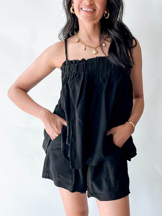 LINEN BLEND BABYDOLL TOP AND SHORTS SET