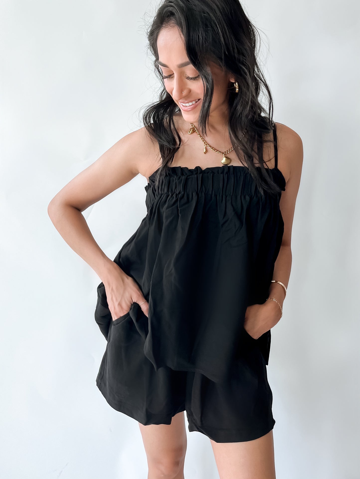 LINEN BLEND BABYDOLL TOP AND SHORTS SET