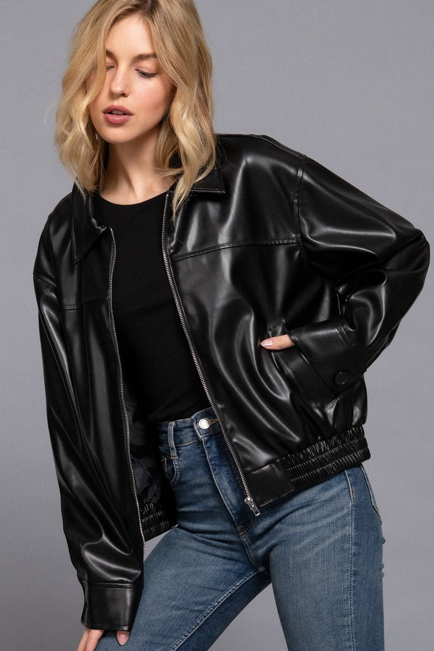 FAUX LEATHER COLLARED JACKET
