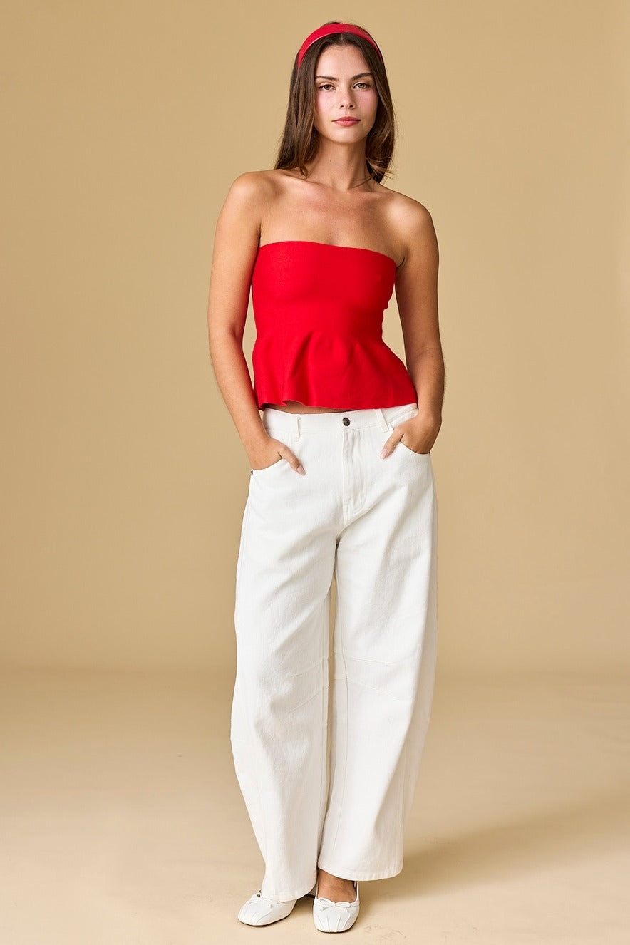 CRIMSON PEPLUM TUBE TOP