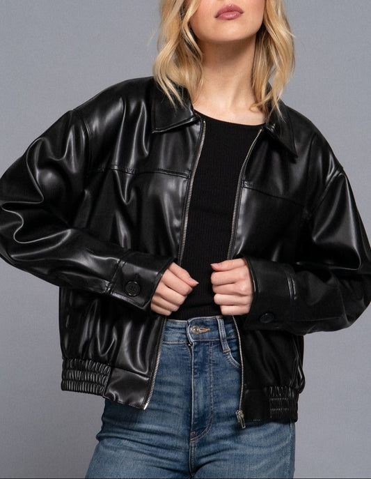 FAUX LEATHER COLLARED JACKET