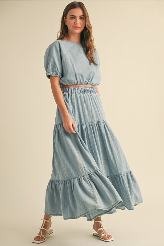 TIERED DENIM MAXI SKIRT