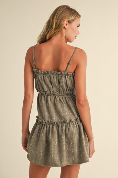 EMBELLISHED HERRINGBONE TIERED RUFFLE DRESS