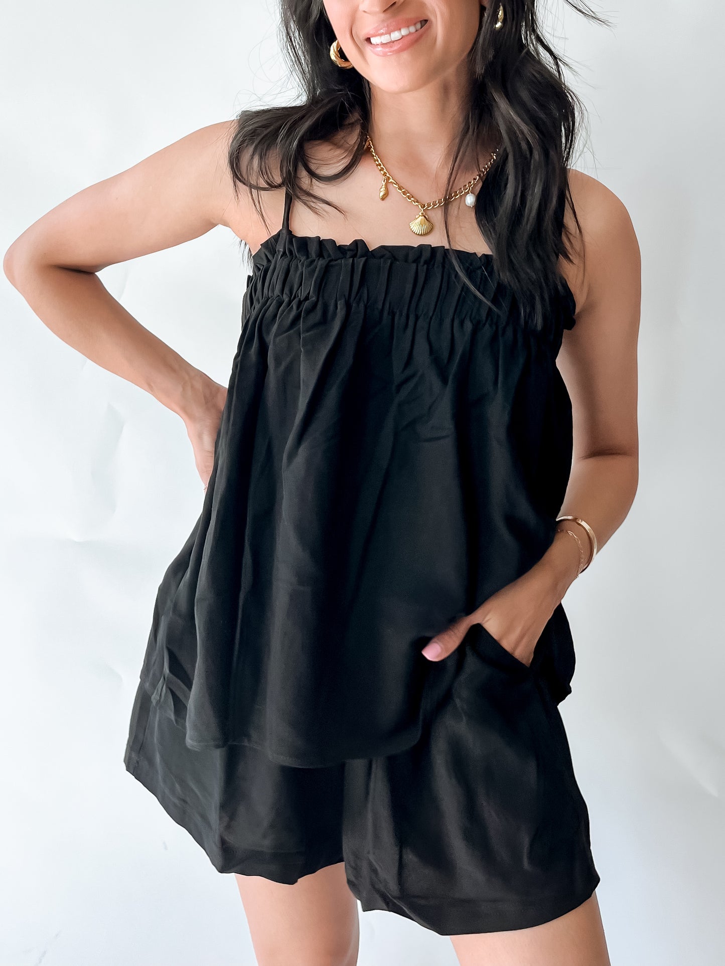 LINEN BLEND BABYDOLL TOP AND SHORTS SET