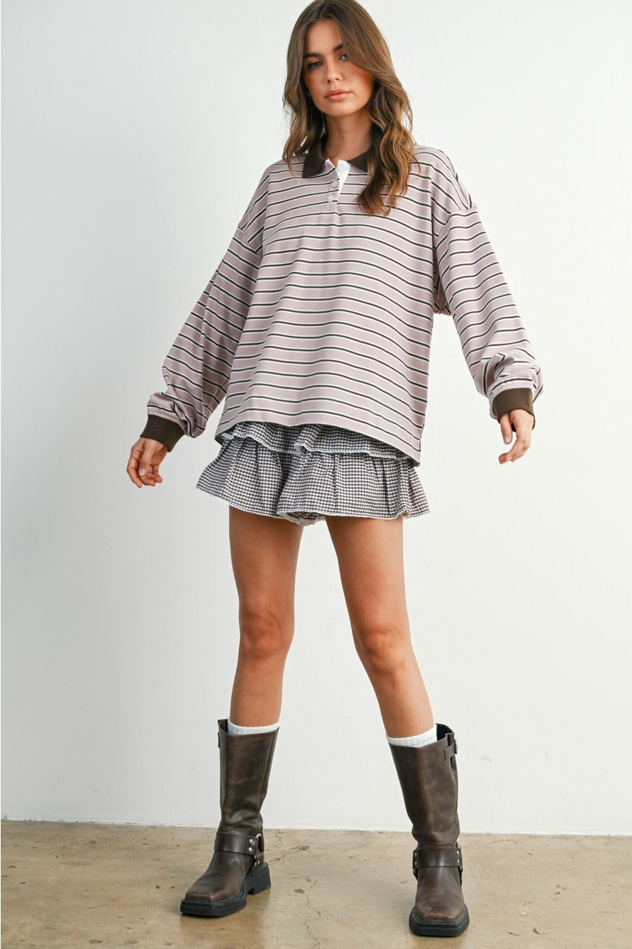 MAUVE MOOD STRIPED COLLAR SWEATSHIRT