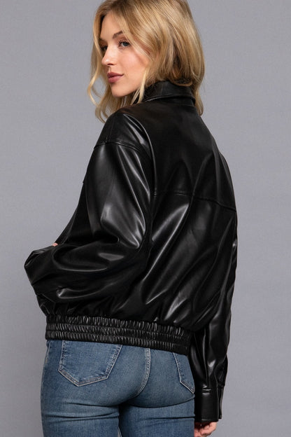 FAUX LEATHER COLLARED JACKET