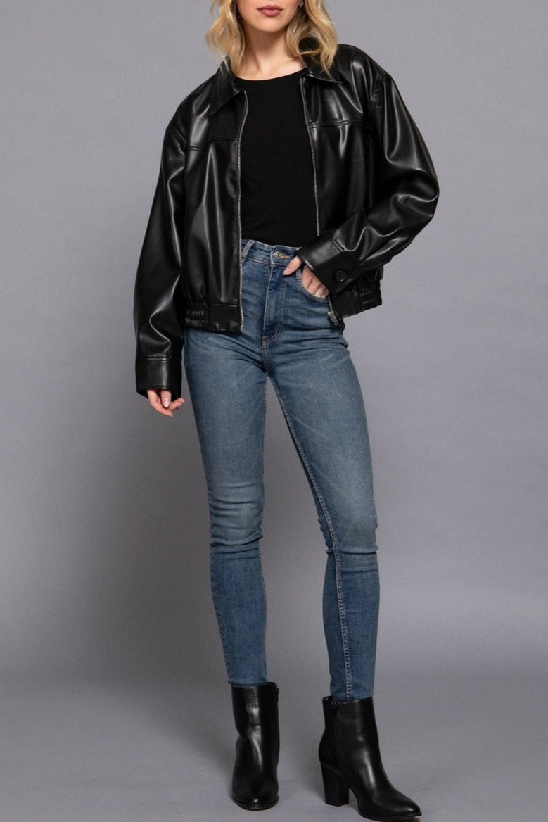 FAUX LEATHER COLLARED JACKET