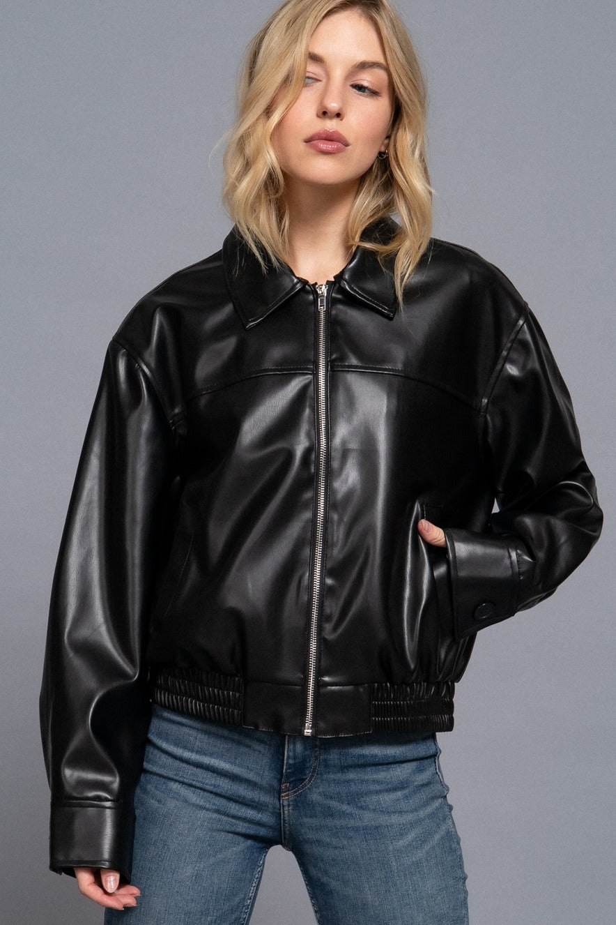 FAUX LEATHER COLLARED JACKET