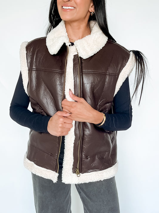 FAUX LEATHER SHEARLING VEST